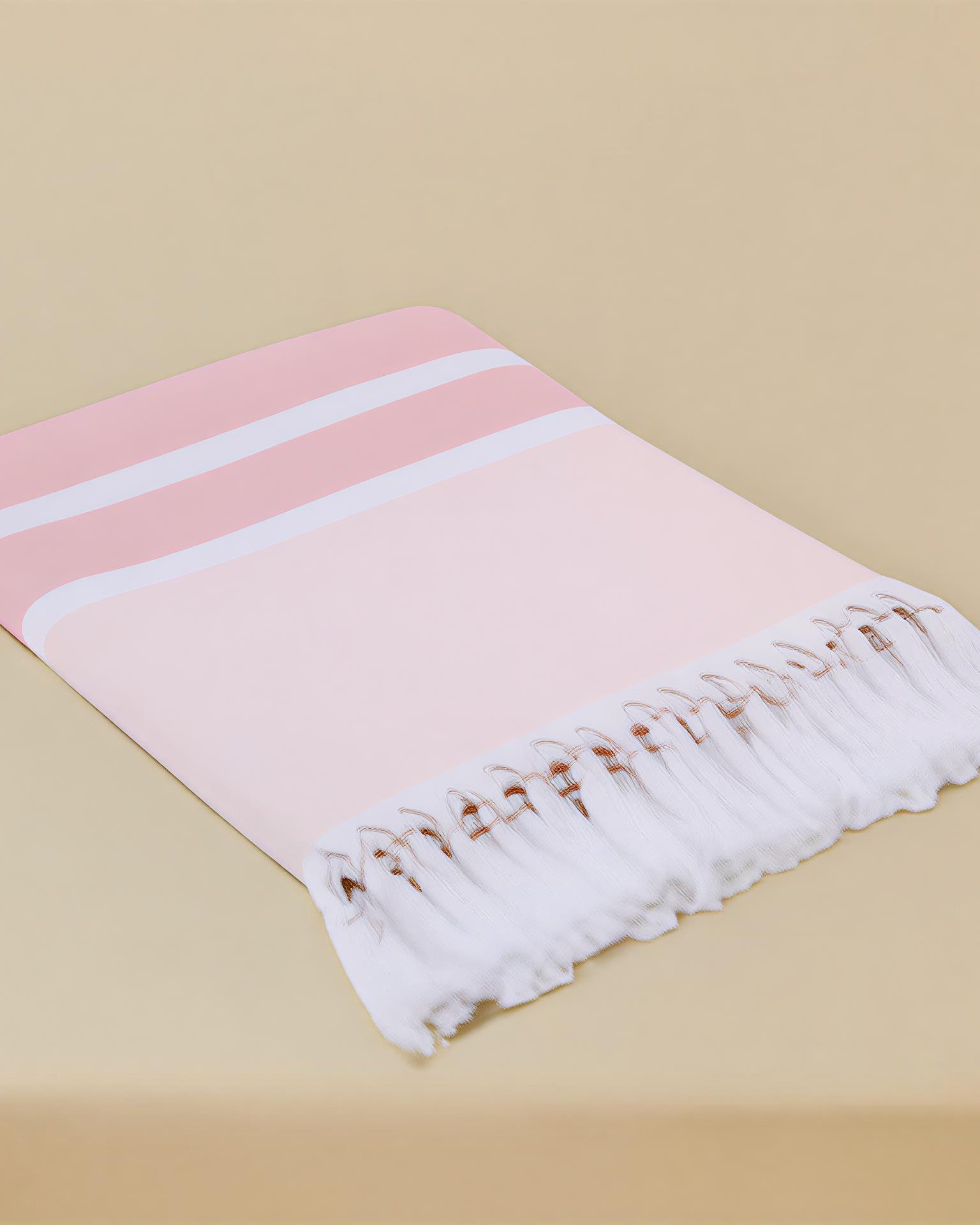 Pink Mai Beach Towel with Flat Weave Face and Full Terry Loop Back with Knotted Fringe