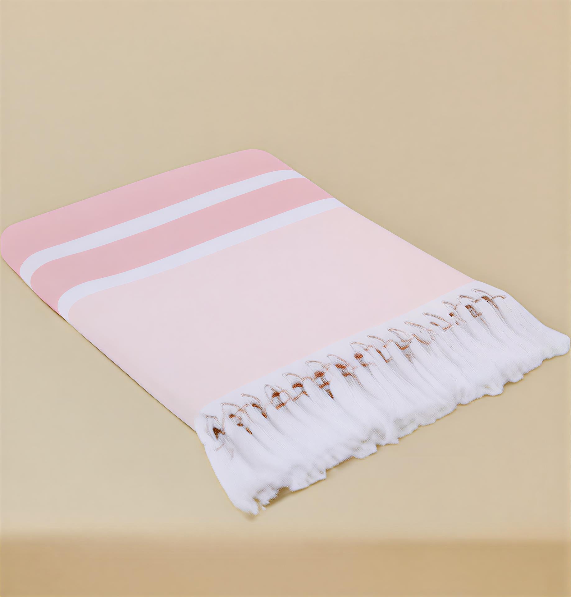 Pink Mai Beach Towel with Flat Weave Face and Full Terry Loop Back with Knotted Fringe