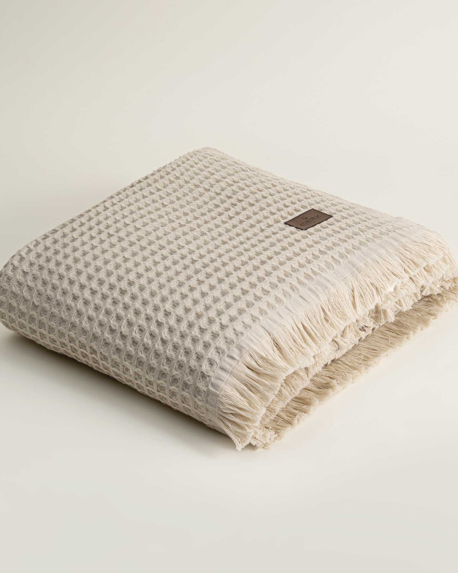 Beige Organic Aegean Seren Waffle Large Throw 400g, soft texture, eco-friendly organic cotton sheets.