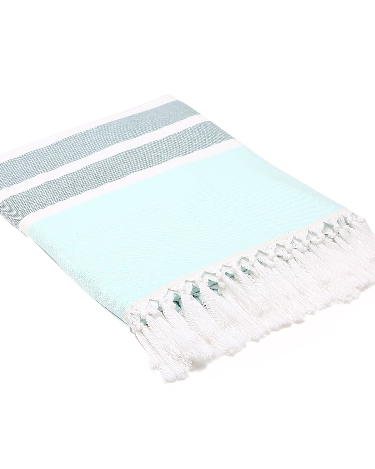 Light blue towel with white and gray stripes on a white background