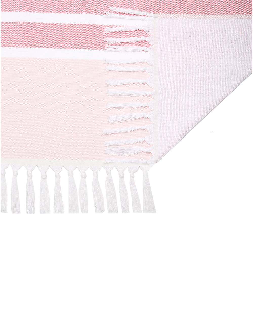 Pink and white striped towel with fringes on a white background