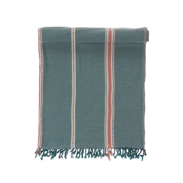 Teal towel with red and white stripes on a white background
