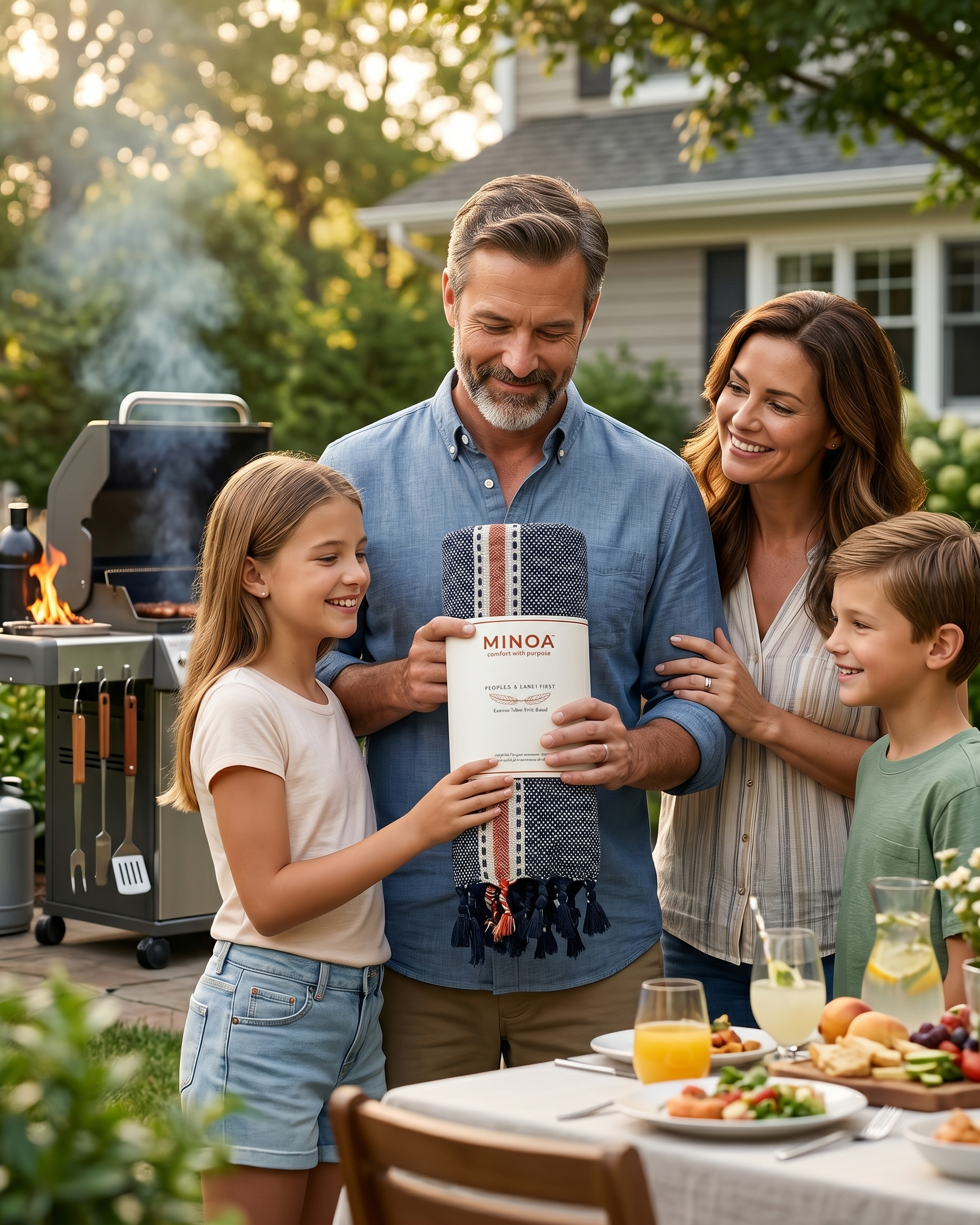 A family of four gathers in a sunny backyard patio setting, with a man holding up a folded dark gray towel featuring red, white, and blue stripes and tassels. The towel has the brand name 'MINOA' printed on the label.