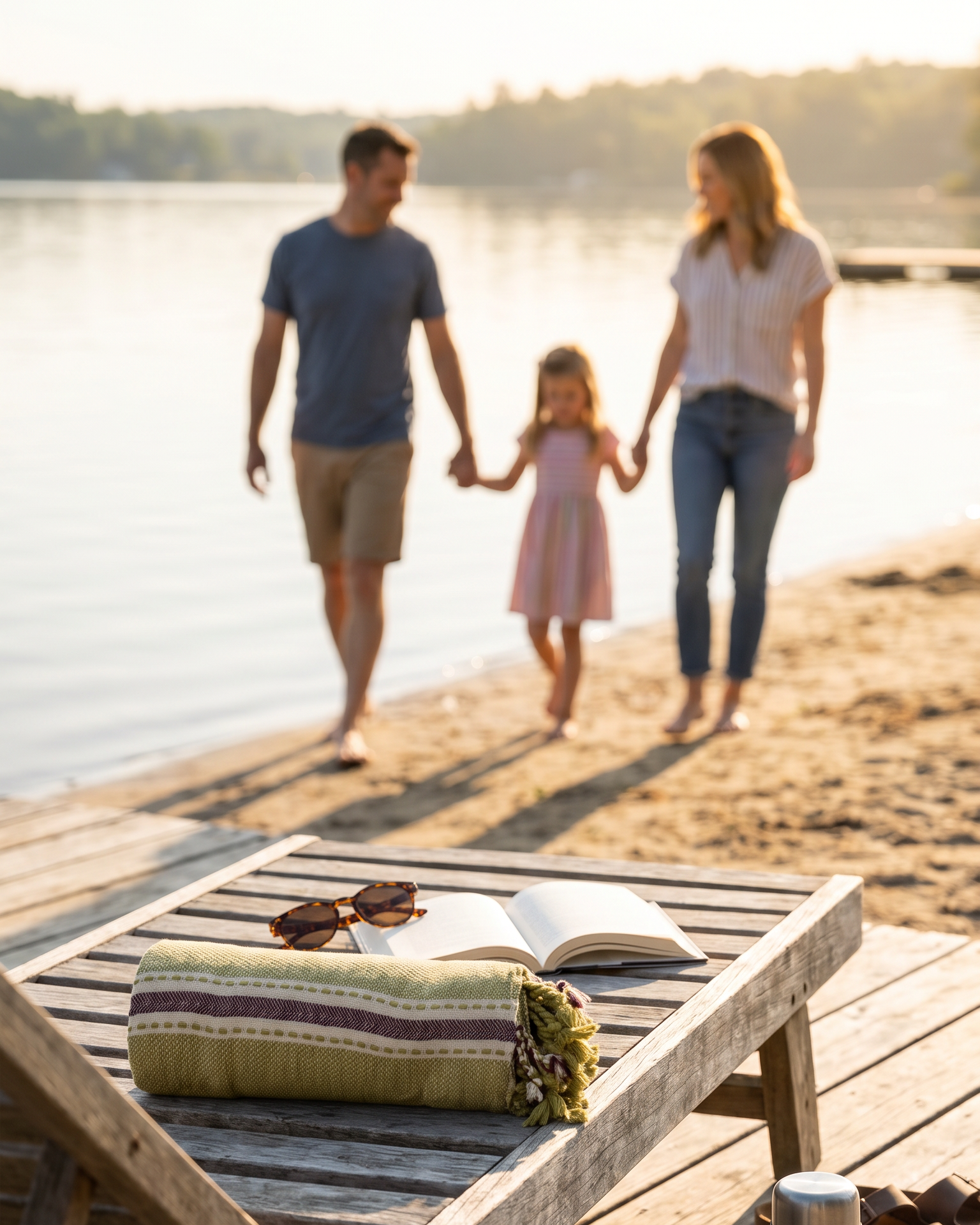 A family of three walks hand-in-hand along a sandy lakeshore at sunset, with a wooden dock lounge chair in the foreground holding sunglasses, an open book, a striped towel, and a silver thermos.