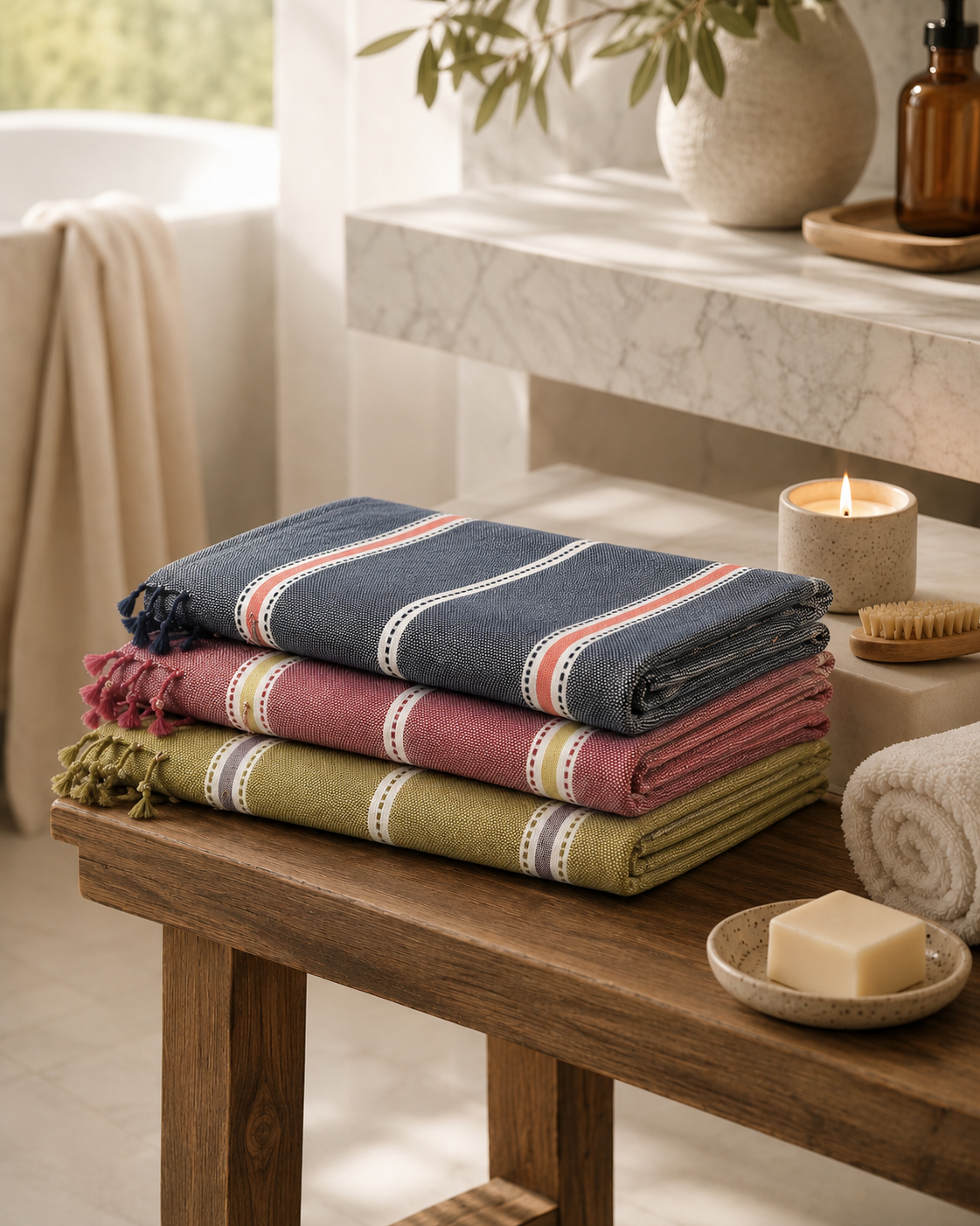 Three folded cotton towels in navy, dusty rose, and olive green with striped borders and fringed edges, stacked on a wooden bathroom bench with spa props.