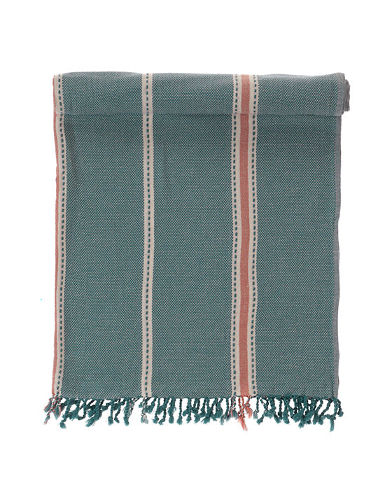 Teal towel with red and white stripes on a white background