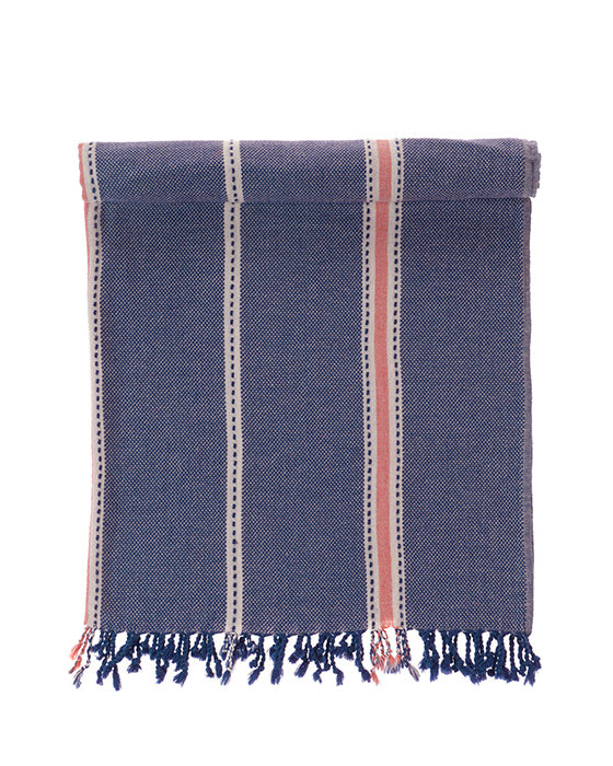 Blue towel with pink stripes on a white background