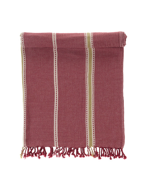 Folded red towel with white and yellow stripes on a white background