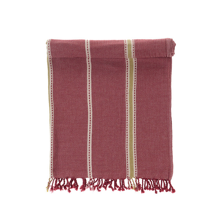 Folded red towel with white and yellow stripes on a white background