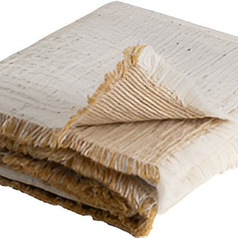 Folded textured blanket with frayed edges on a white background