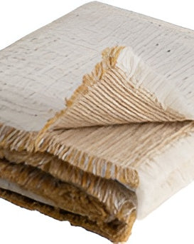 Folded textured blanket with frayed edges on a white background