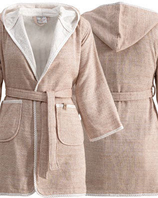 Lightpink bathrobe with white trim on a white background