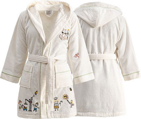 Two white children's bathrobes with embroidered designs on a white background