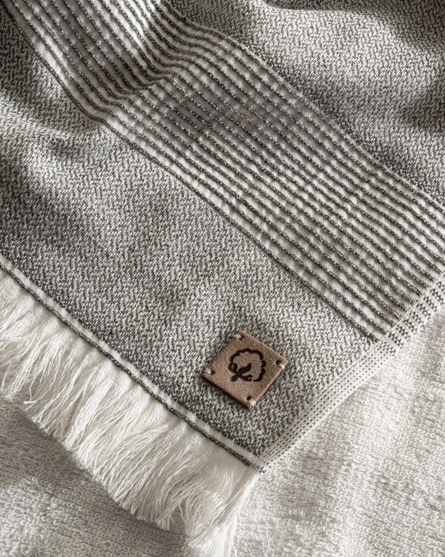 three-piece Hasna Organic Aegean Cotton and Linen Bath Set in Grey Haze, highlighting the layered texture and soft, muted tones of the fabric