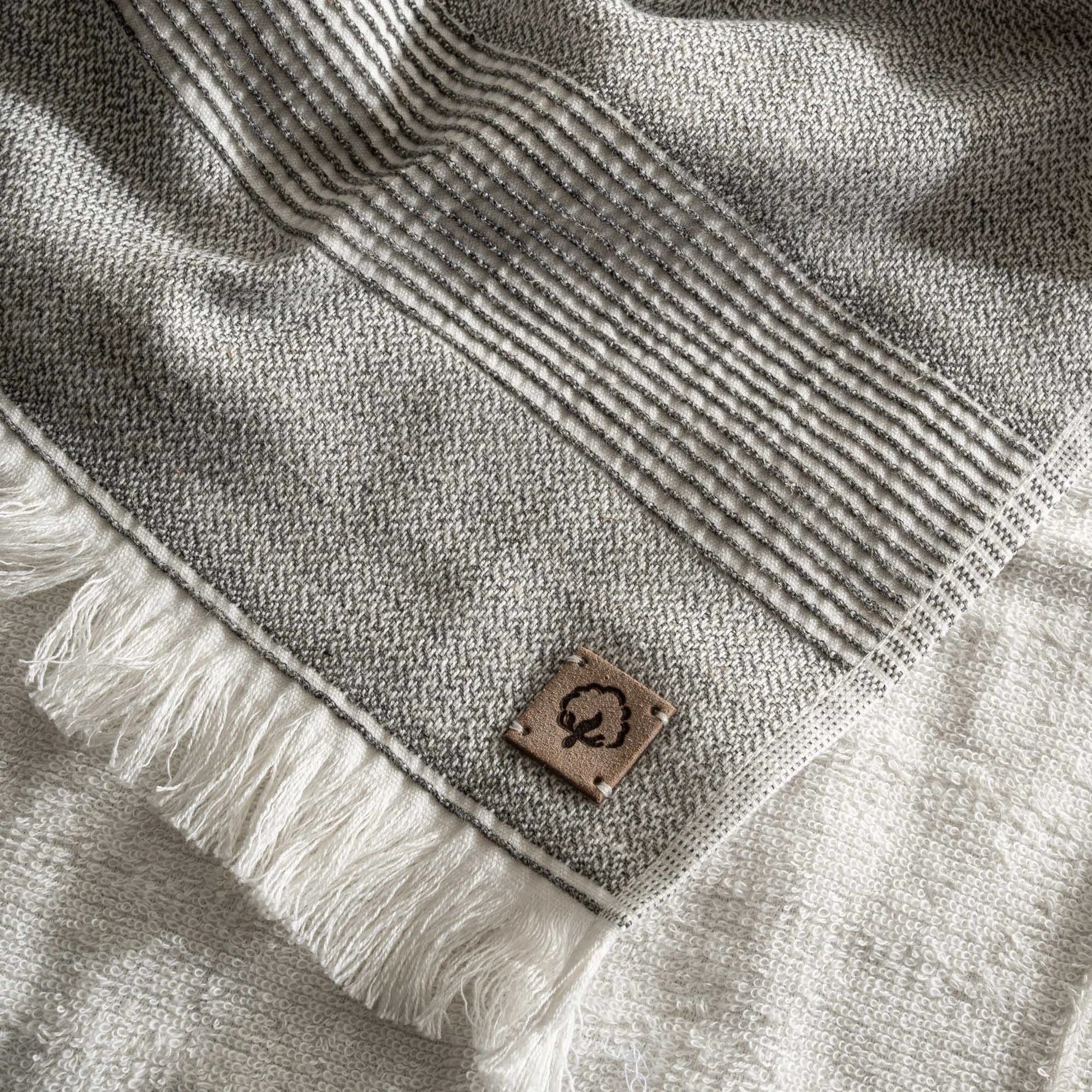 three-piece Hasna Organic Aegean Cotton and Linen Bath Set in Grey Haze, highlighting the layered texture and soft, muted tones of the fabric