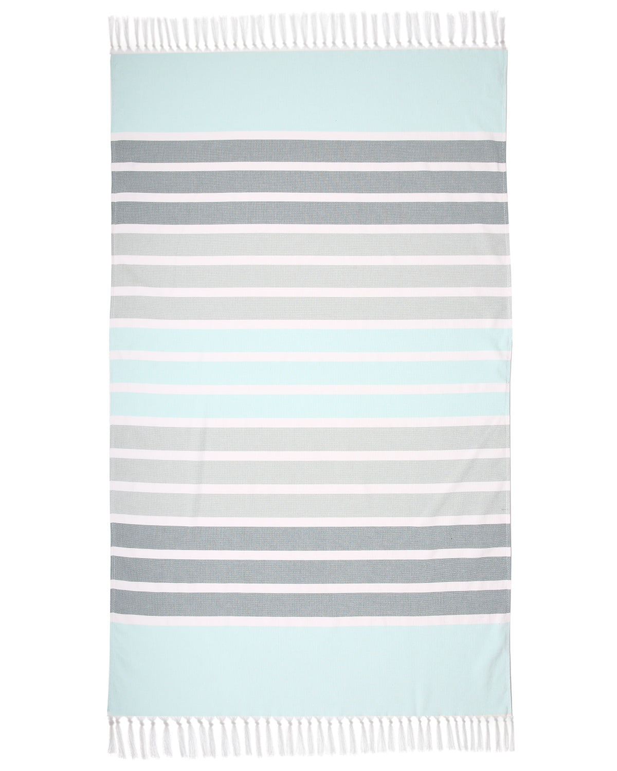 Striped towel with alternating light blue and gray stripes on a white background