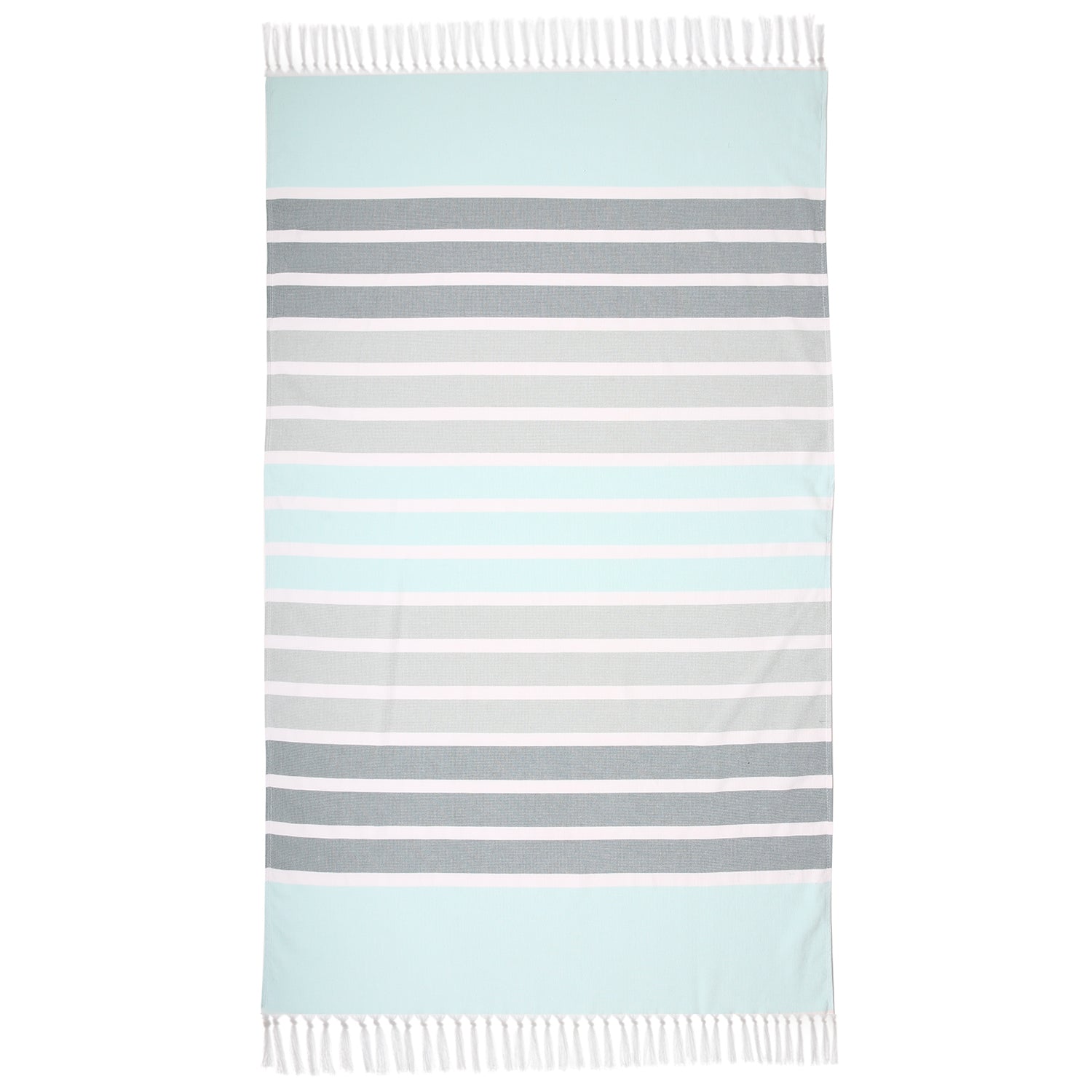 Striped towel with alternating light blue and gray stripes on a white background