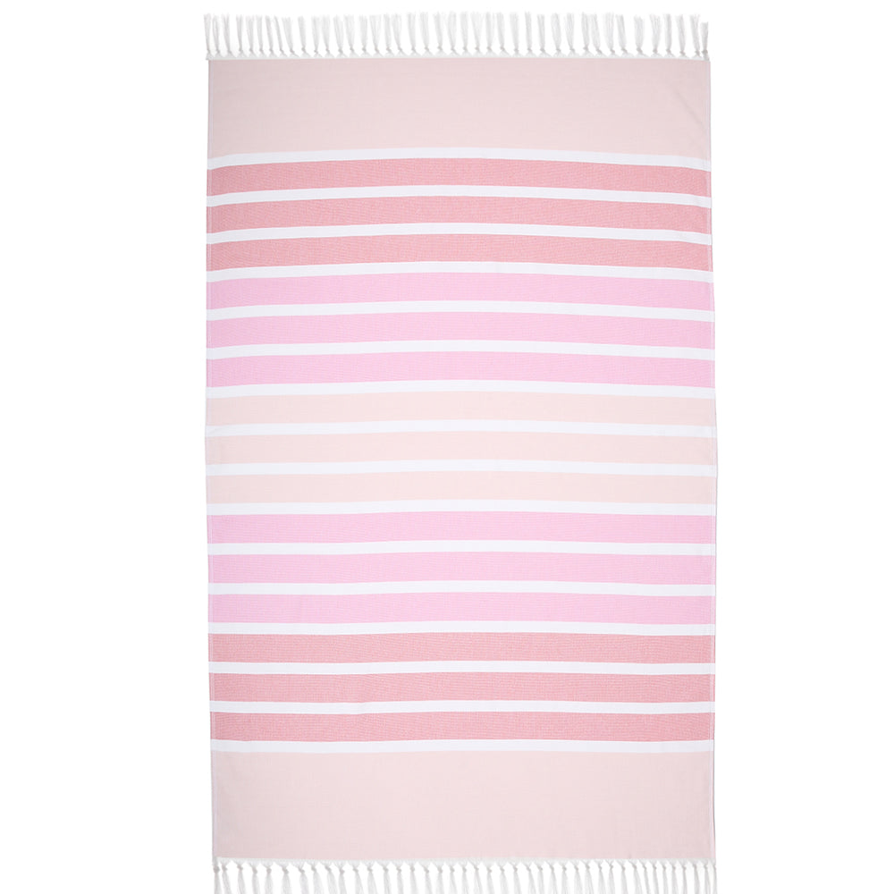 Striped pink and white towel on a white background