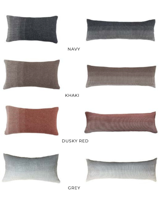 Amaya collection striped cushions in Navy, Khaki, Dusky Red, and Grey — sustainable decorative pillows in rectangular and long lumbar styles.