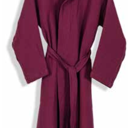 Deep burgundy hooded bathrobe made from sustainable Aegean cotton, designed with a relaxed fit and waist tie—luxurious eco-friendly loungewear for spa, hotel, or home comfort.