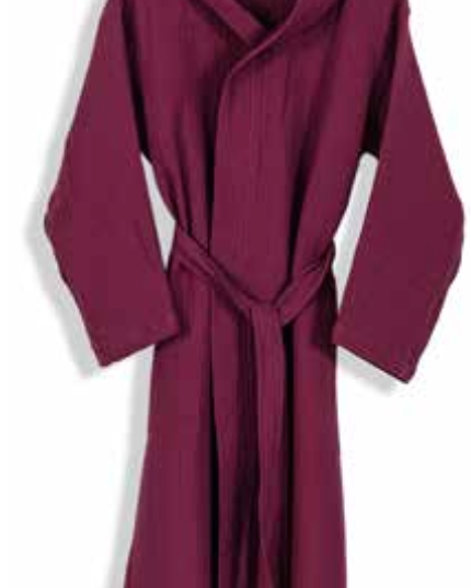 Deep burgundy hooded bathrobe made from sustainable Aegean cotton, designed with a relaxed fit and waist tie—luxurious eco-friendly loungewear for spa, hotel, or home comfort.