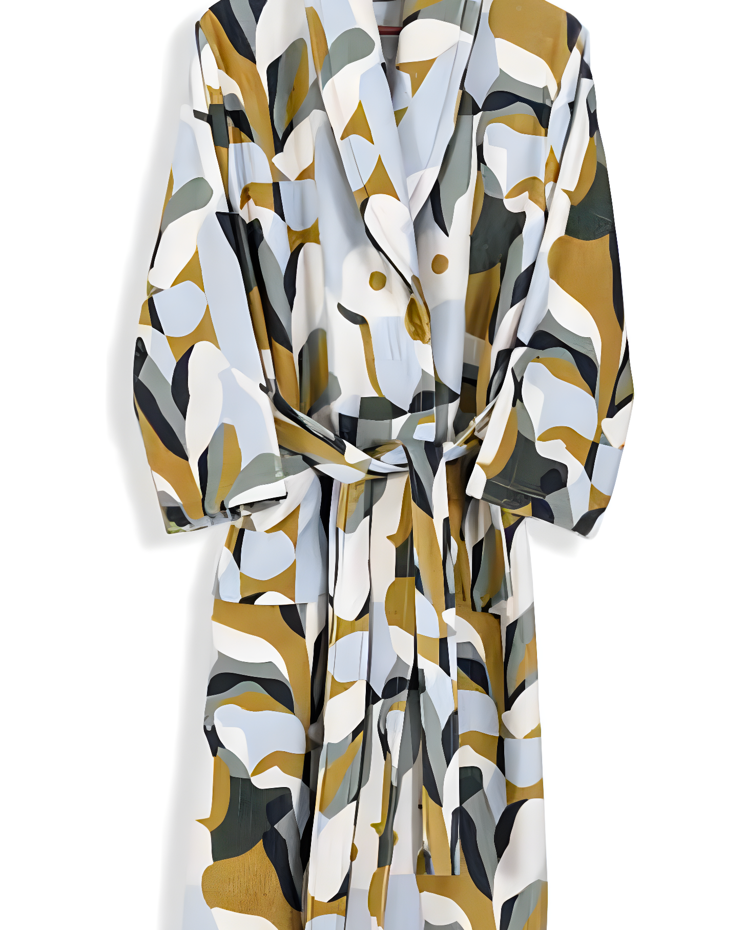 Patterned robe on a hanger against a white background
