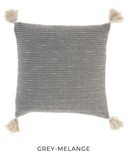 Minoa Fresco cushion in grey-melange with handwoven texture and beige tassels, ideal for minimalist and bohemian interiors.