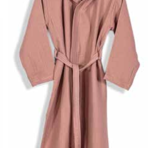 Mauve hooded bathrobe in a soft tan shade, crafted from sustainable Aegean cotton with a belt-tie waist—ethical home wear for spa, lounge, or hotel comfort.