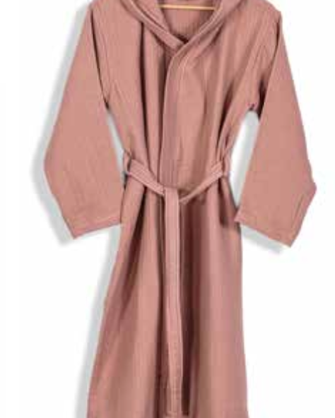 Mauve hooded bathrobe in a soft tan shade, crafted from sustainable Aegean cotton with a belt-tie waist—ethical home wear for spa, lounge, or hotel comfort.
