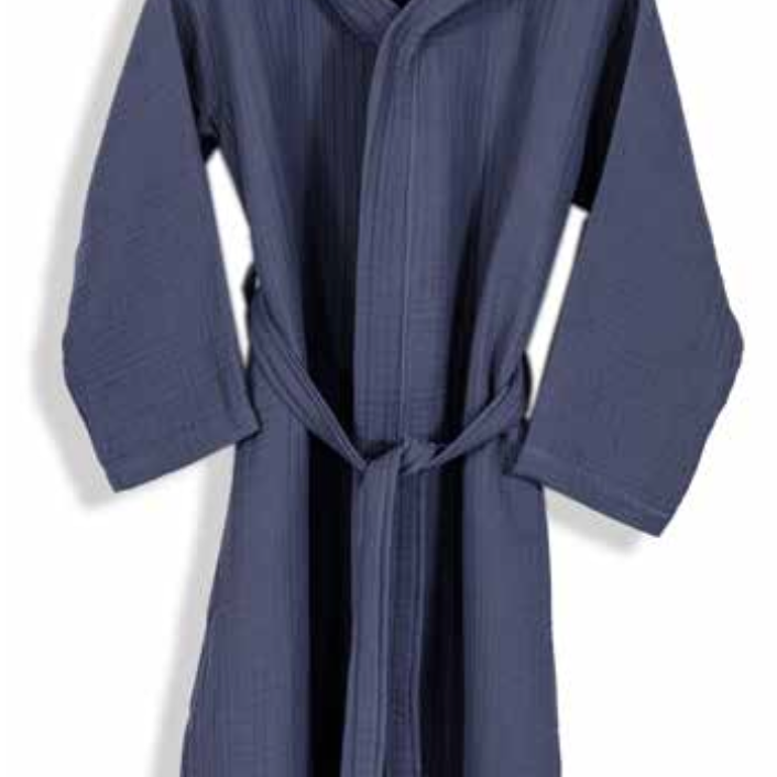 Luxury navy hooded bathrobe made from sustainable Aegean cotton, featuring a minimalist design with a waist tie—perfect for eco-conscious spa, hotel, or home use.