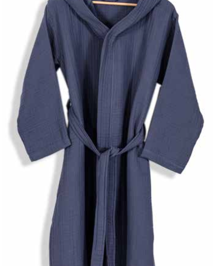 Luxury navy hooded bathrobe made from sustainable Aegean cotton, featuring a minimalist design with a waist tie—perfect for eco-conscious spa, hotel, or home use.