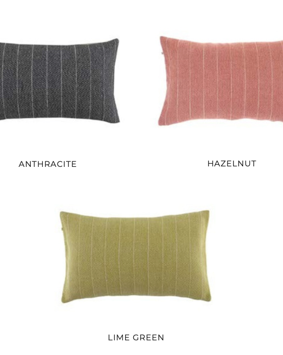 Set of three rectangular striped pillows in Anthracite, Hazelnut, and Lime Green — modern eco-conscious decorative cushions by Minoa Home.