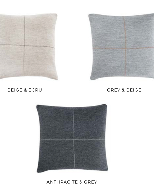 Talin stitched cushion trio in Beige & Ecru, Grey & Beige, and Anthracite & Grey — minimalist sustainable throw pillows with cross-stitch detail.