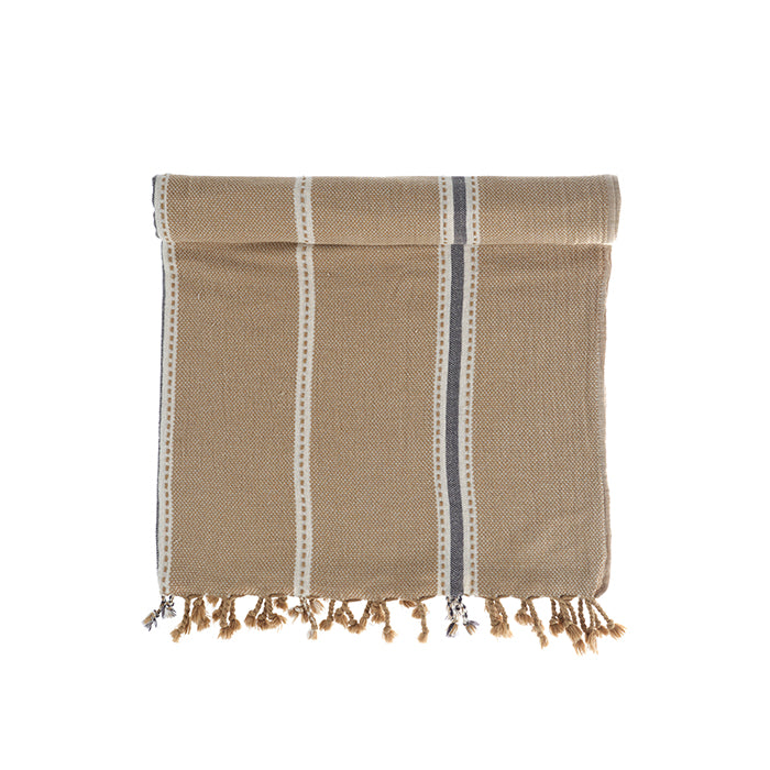 Folded beige Tulum 200 gram Aegean Cotton and Linen Turkish towel with white and navy stripes handcrafted from sustainable cotton by Minoa Home highlighting the softness and quality of an organic bath towel