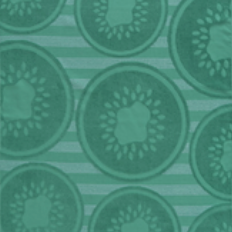 Fresh green jacquard beach towel with kiwi fruit slice pattern and striped background from Minoa Home.