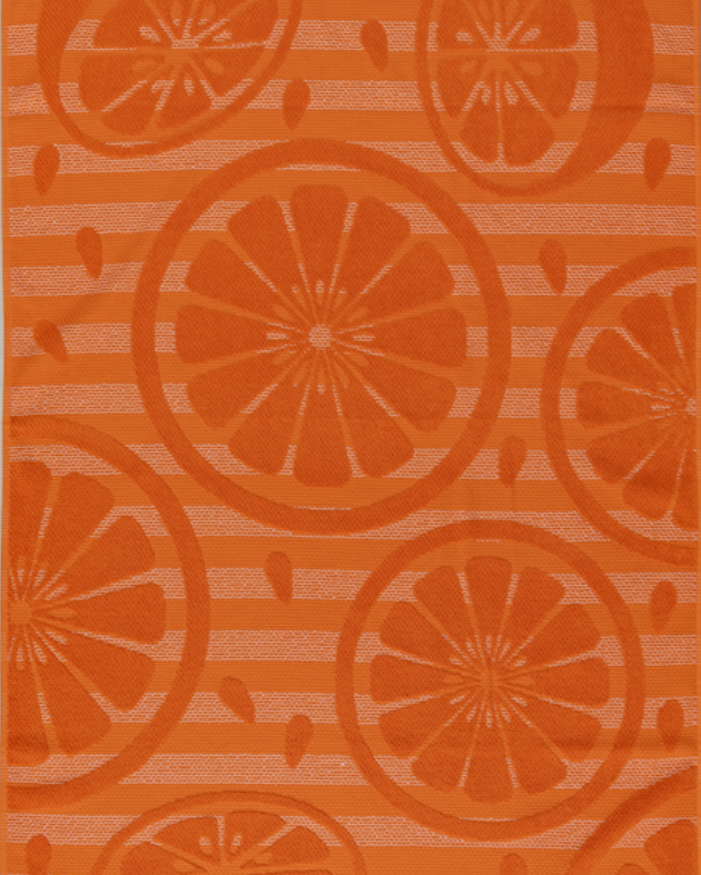 Bright orange jacquard beach towel with citrus slice pattern and striped background from Minoa Home
