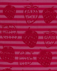 Pink jacquard beach towel by Minoa Home featuring playful strawberry pattern and horizontal stripes."