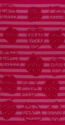 Pink jacquard beach towel by Minoa Home featuring playful strawberry pattern and horizontal stripes."