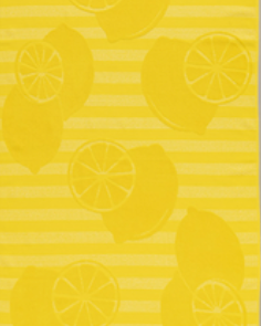 Bright yellow jacquard beach towel with lemon slice and whole fruit motifs on striped background by Minoa Home.