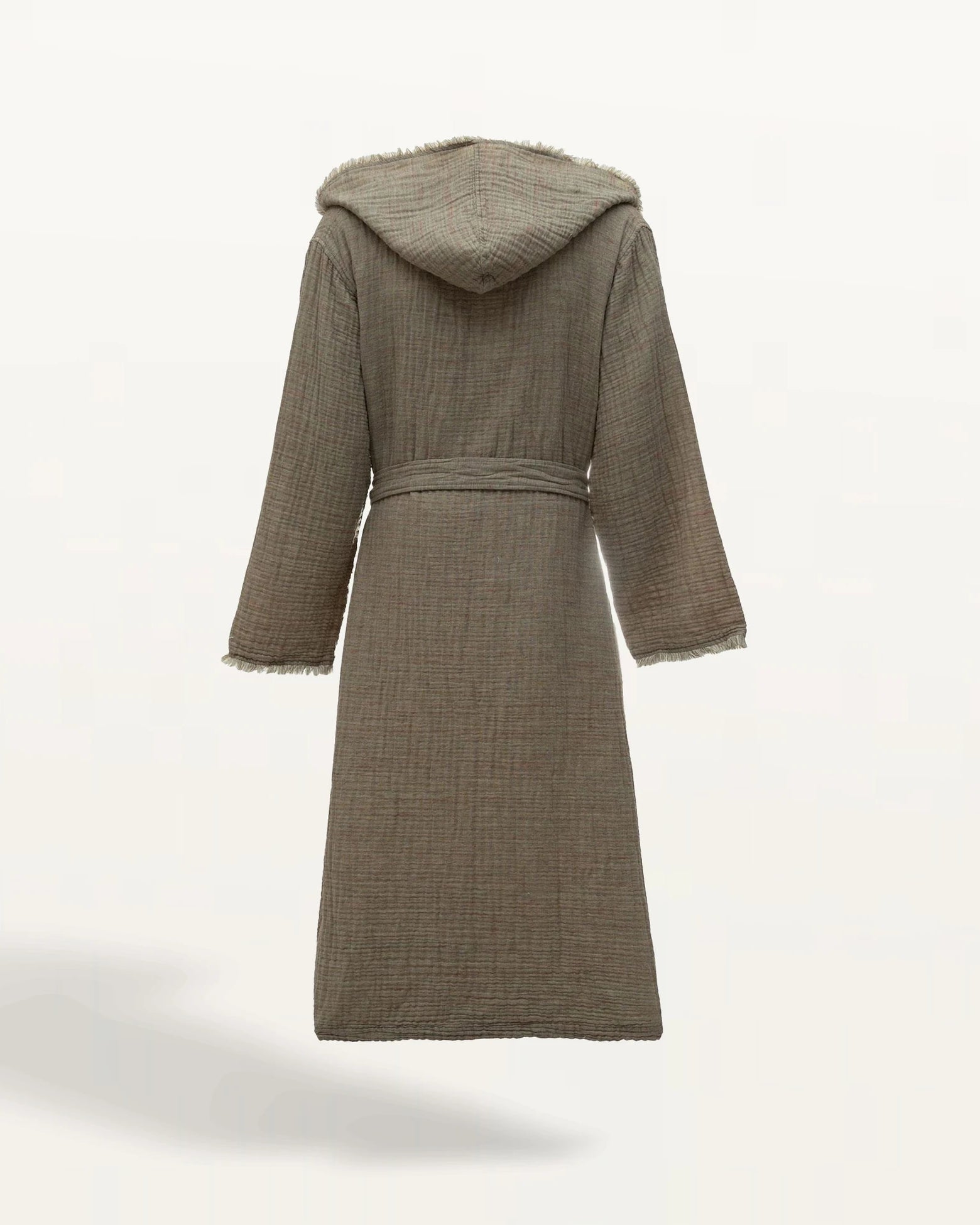 Back view of Men's Muna Organic Aegean Cotton Gauze Two Sided Robe in Khaki Cream, showcasing its reversible design and airy, lightweight gauze fabric