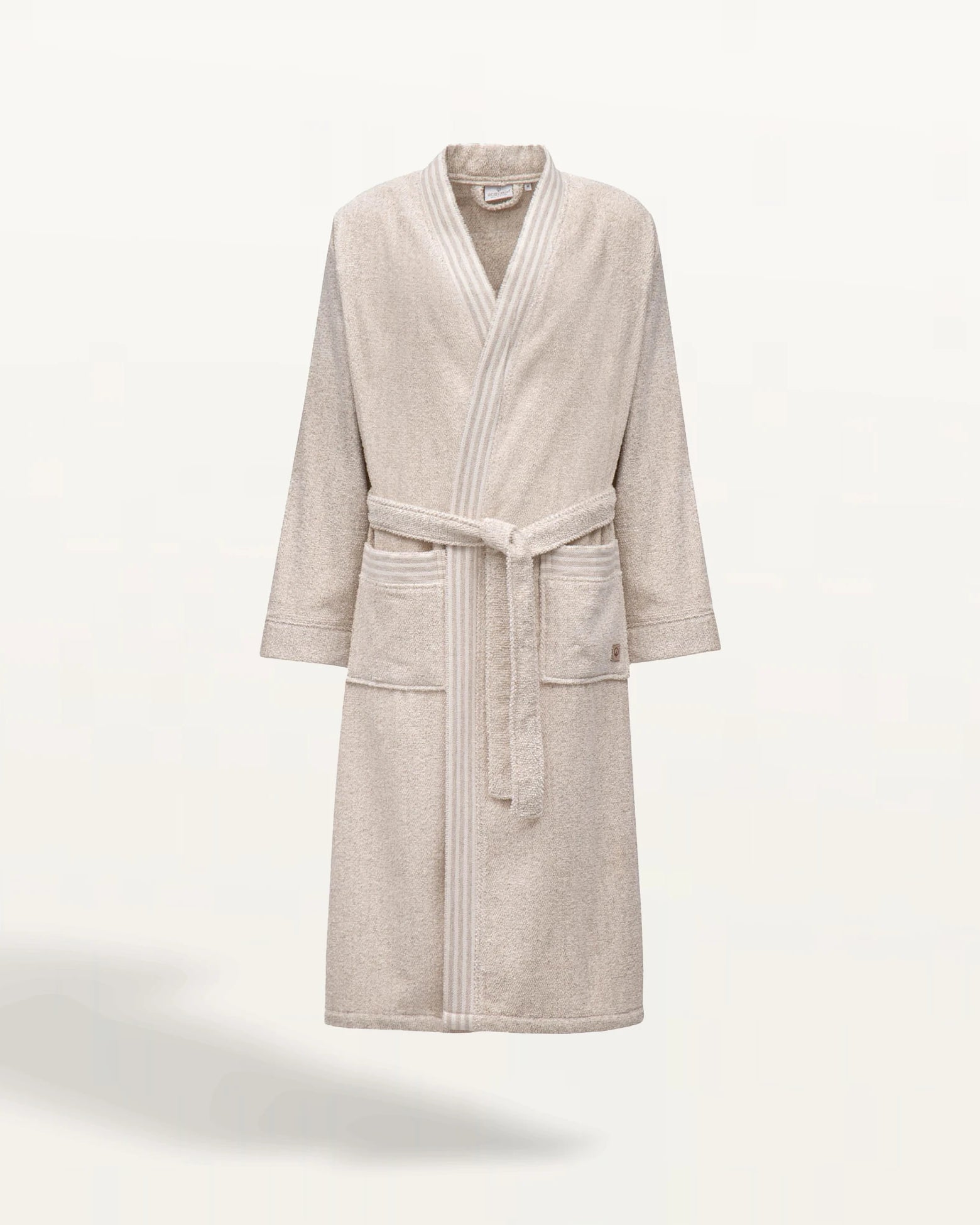 The front side of Minoa's Raisa Hemp & Organic Cotton Mens Robe, a luxury bath robe crafted with sustainable organic cotton and hemp, offering exceptional comfort and coziness.