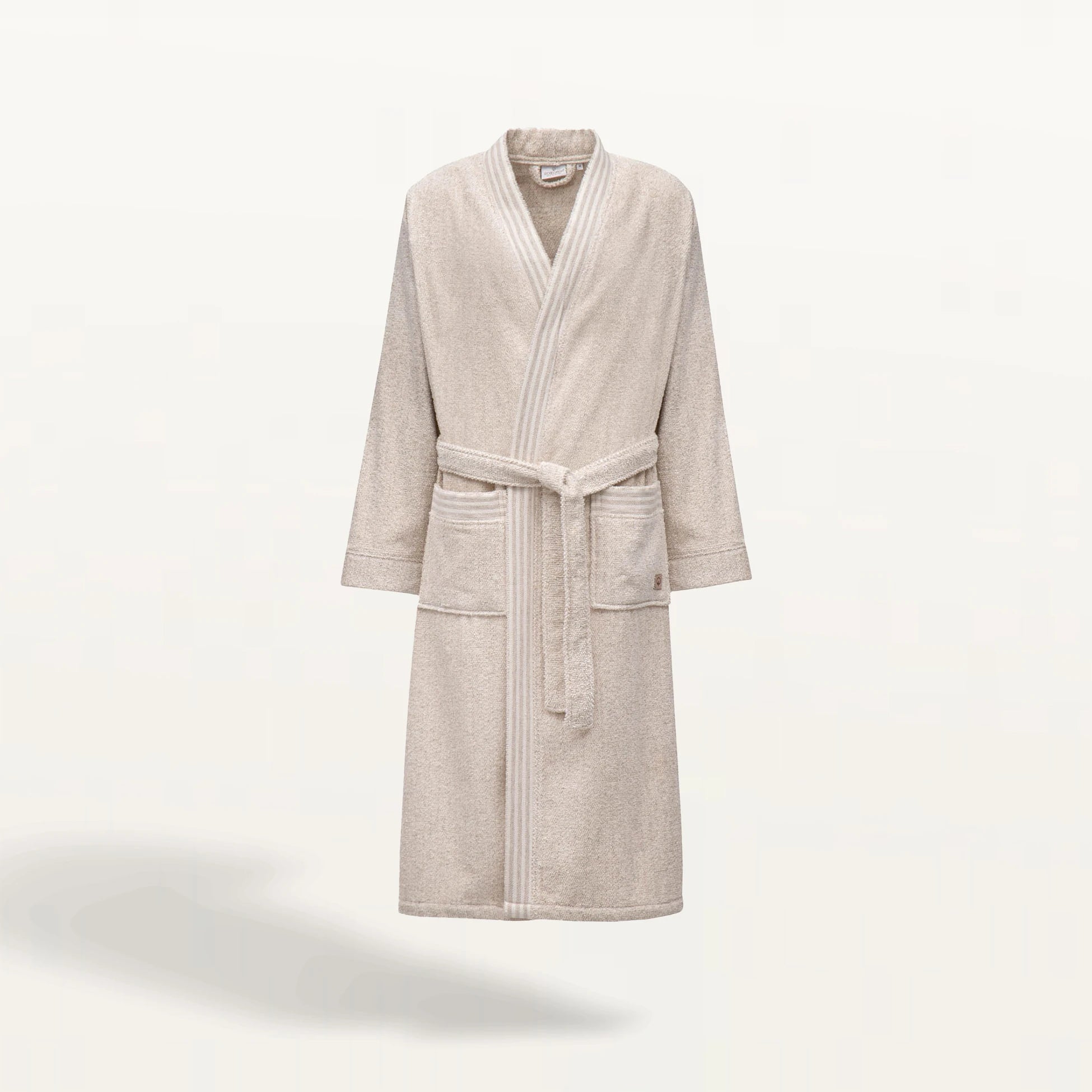 The front side of Minoa's Raisa Hemp & Organic Cotton Mens Robe, a luxury bath robe crafted with sustainable organic cotton and hemp, offering exceptional comfort and coziness.