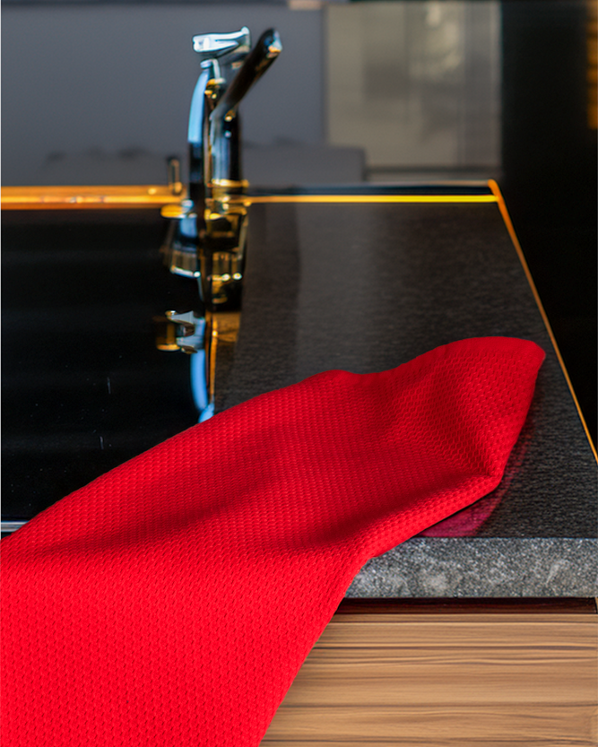 Elvin Organic Aegean Cotton Kitchen Towel set of 2 in Ruby Romance, displayed on a sink table, showcasing its vibrant colour and premium cotton texture