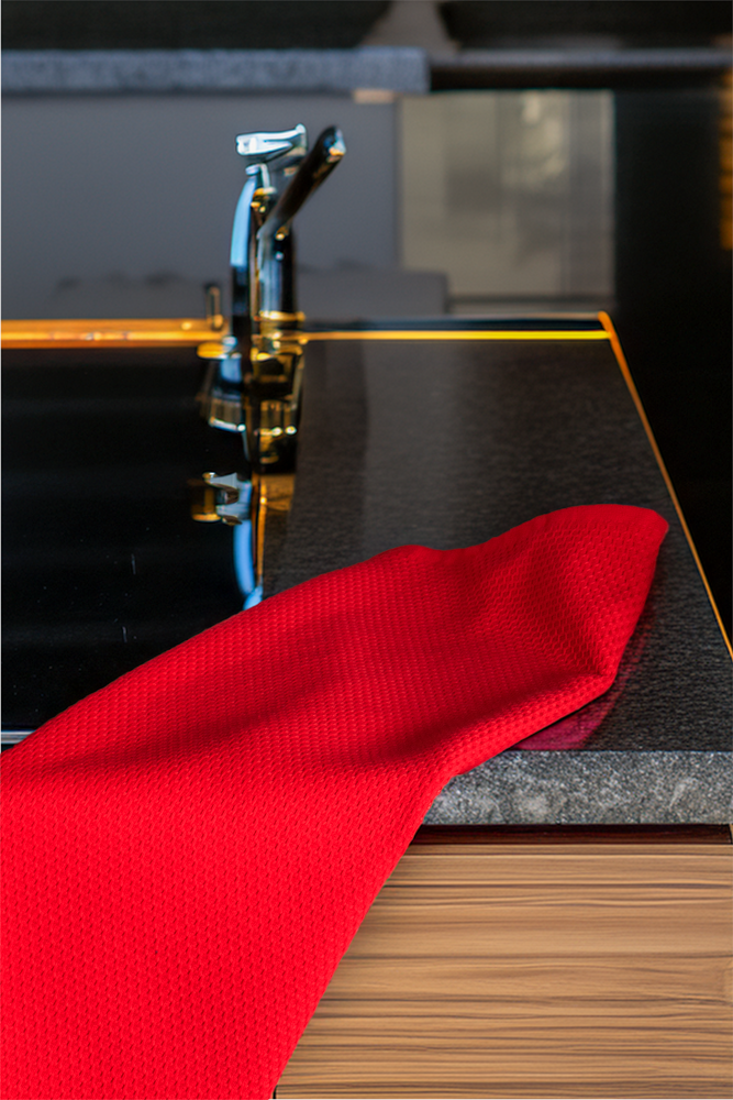 Elvin Organic Aegean Cotton Kitchen Towel set of 2 in Ruby Romance, displayed on a sink table, showcasing its vibrant colour and premium cotton texture