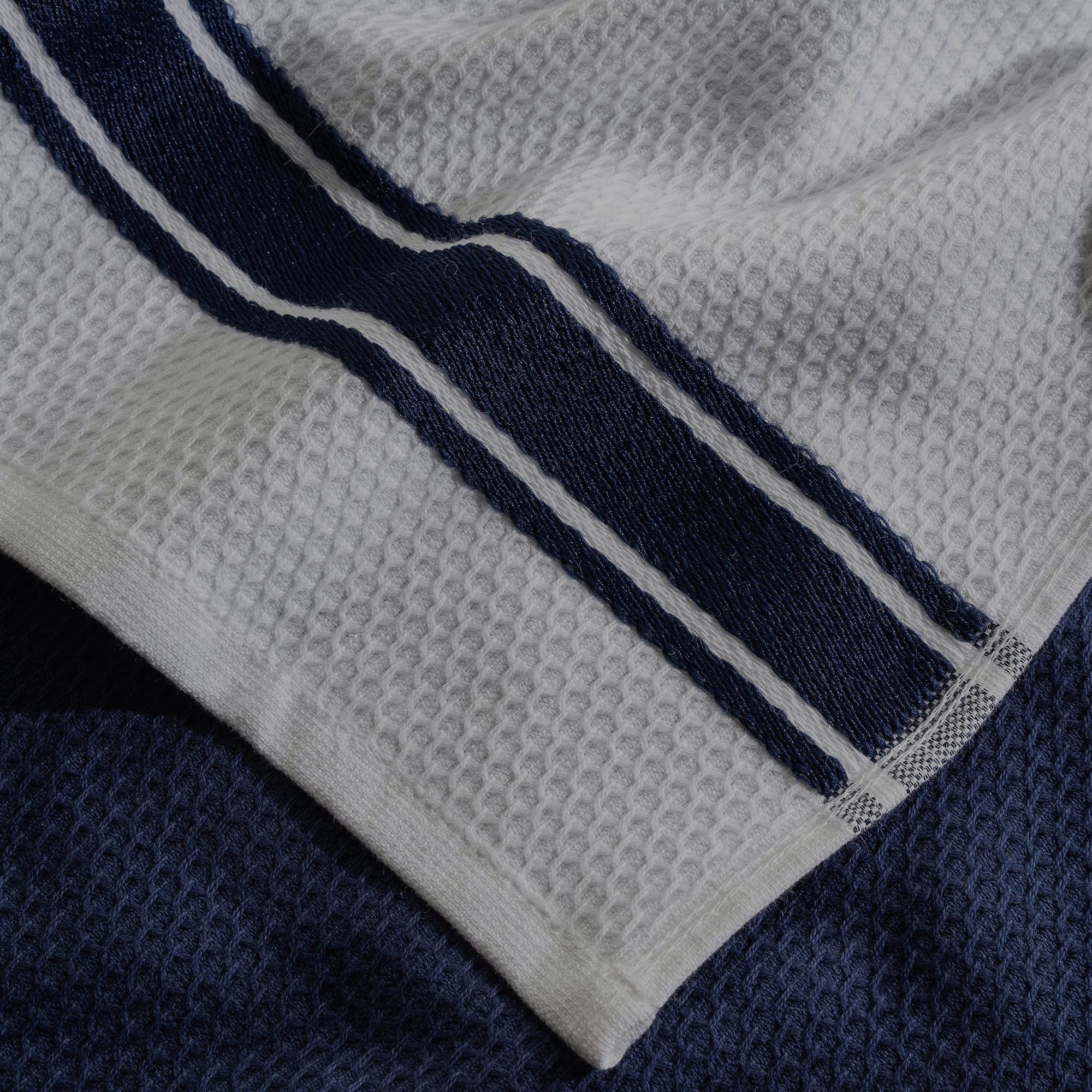 A white-n-blue gym towel showing its fine texture