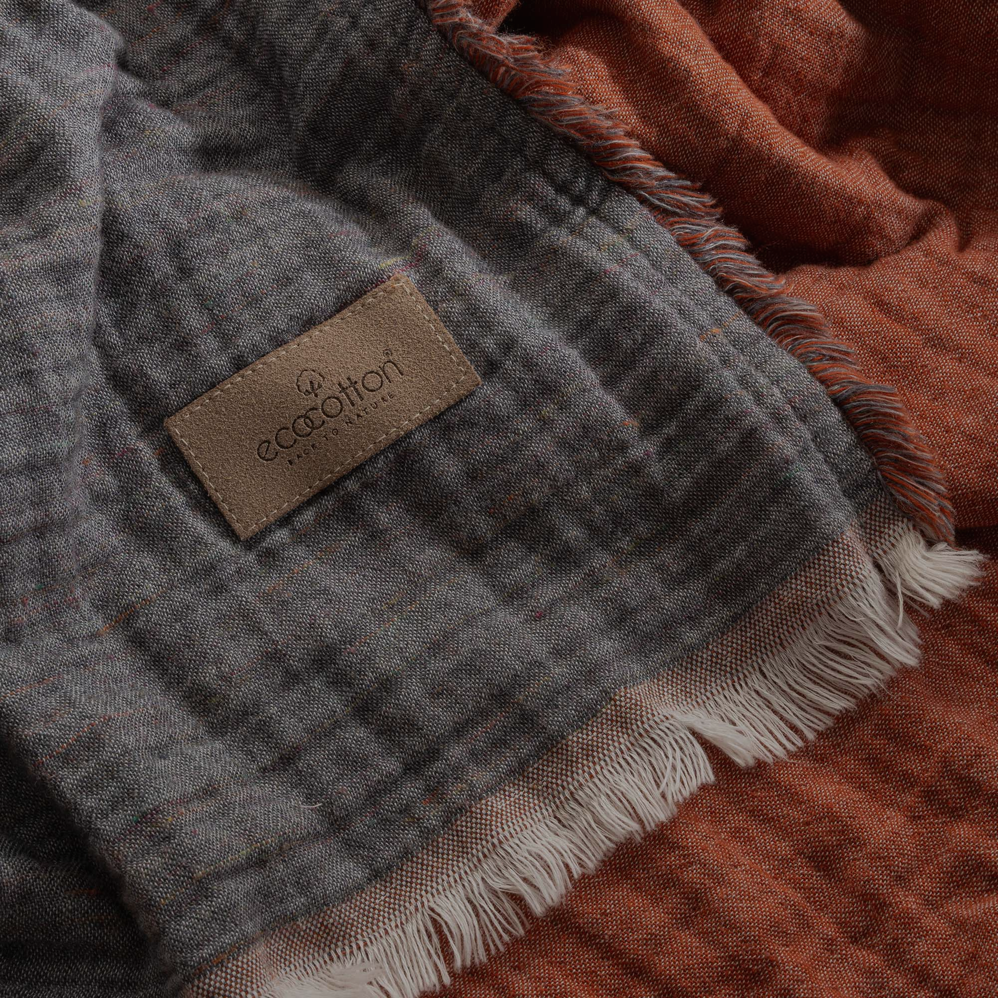 Textured close-up of Ecocotton robe showcasing organic Aegean cotton in grey and orange tones