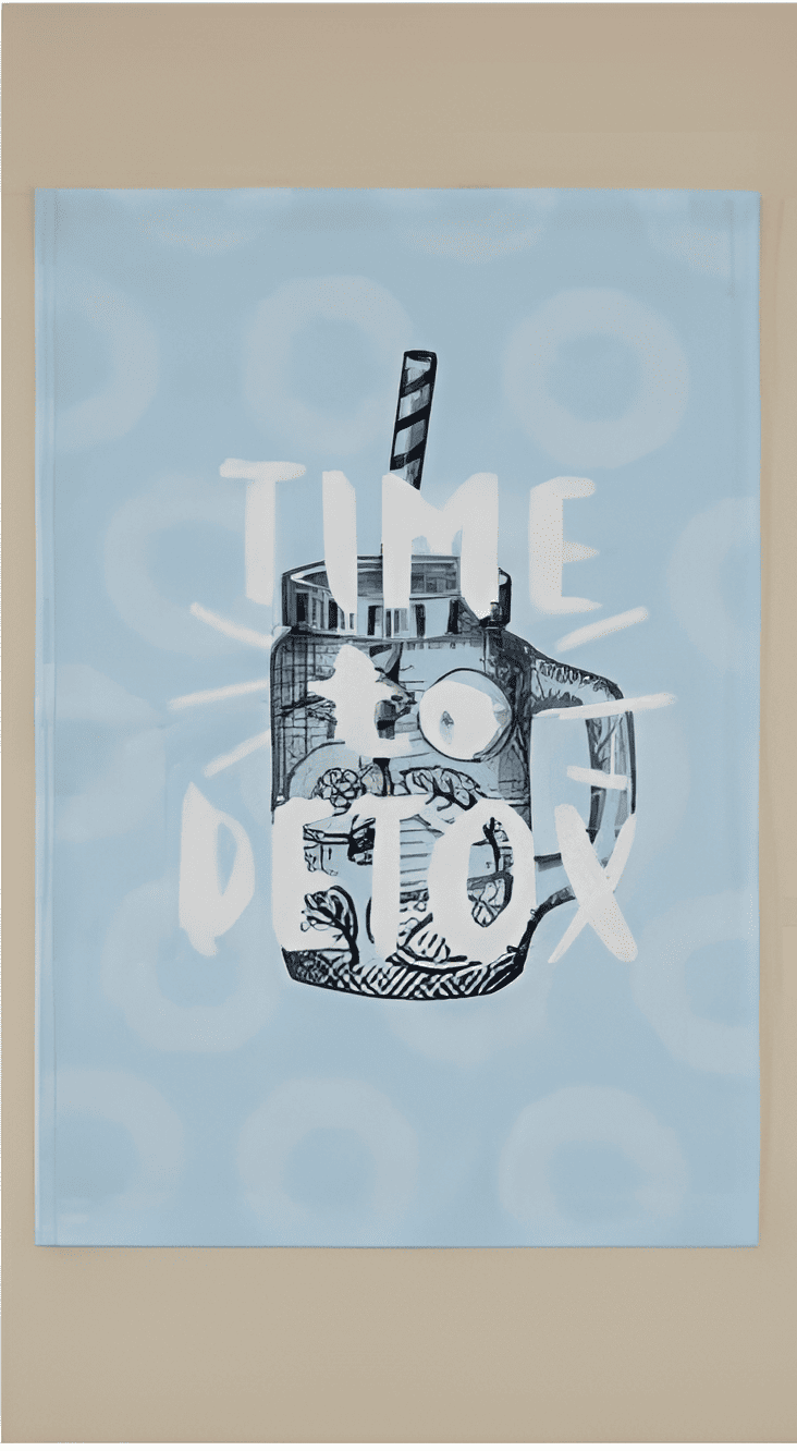 Blue cotton kitchen towel with health-themed digital print, featuring wellness symbols and fresh design elements