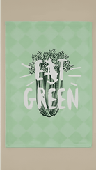 Green kitchen towel with wellness-inspired digital prints, combining calming tones with soft, absorbent cotton fabric