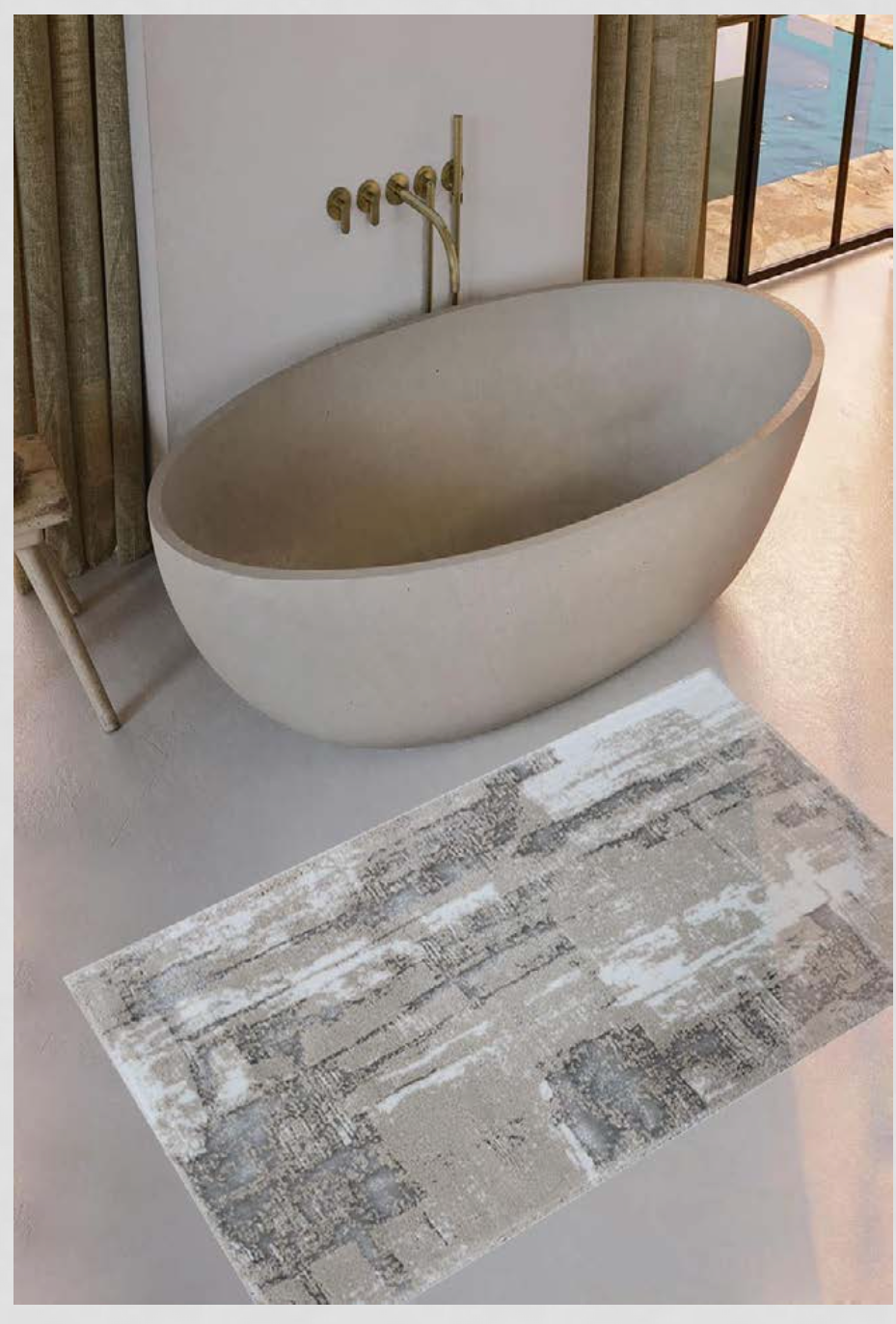 One White/Light Grey/Silver Bath Rug with modern accents, alongside two patterned Ecru/Beige/Gold Bath Rugs, each featuring elegant gold detailing