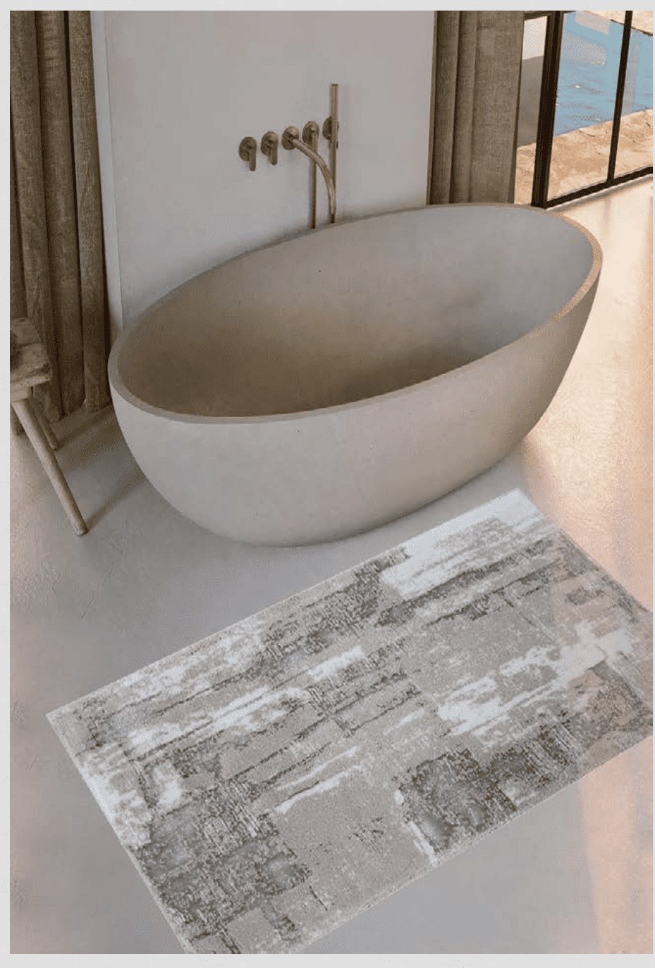 One White/Light Grey/Silver Bath Rug with modern accents, alongside two patterned Ecru/Beige/Gold Bath Rugs, each featuring elegant gold detailing